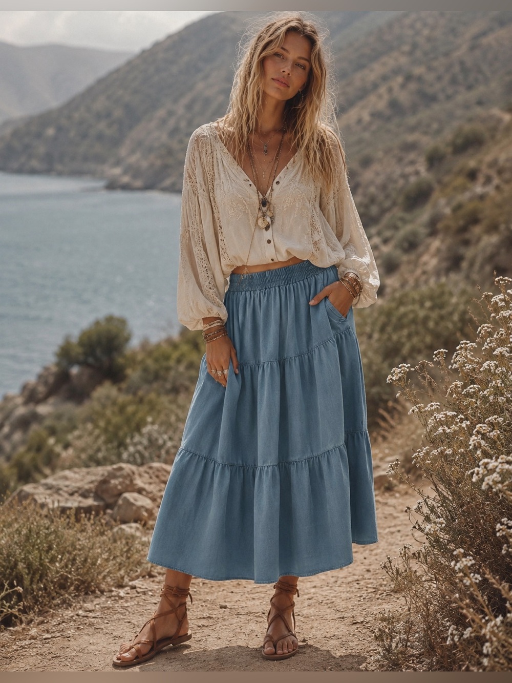 POLAGRAM | Harper Tiered Denim Midi Skirt